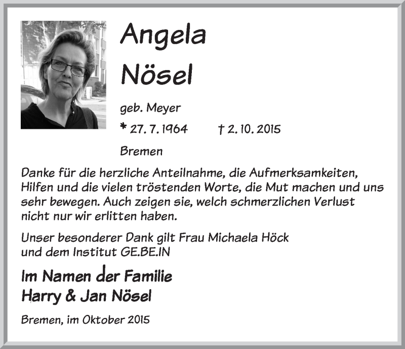  Traueranzeige für Angela Nösel vom 24.10.2015 aus WESER-KURIER