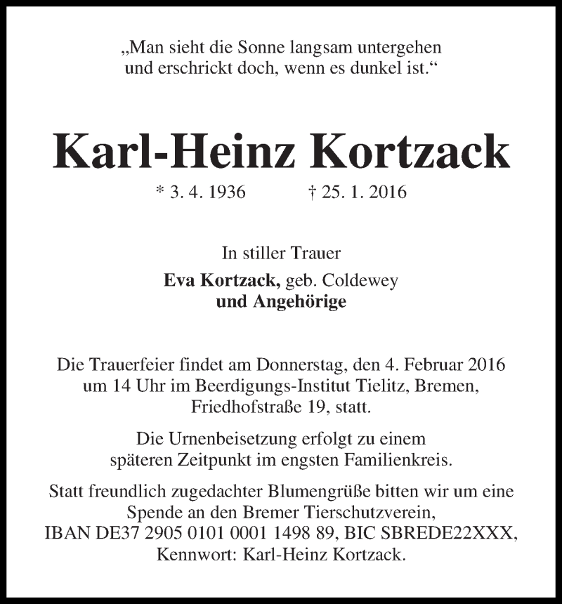 Traueranzeige von Karl-Heinz Kortzack von WESER-KURIER