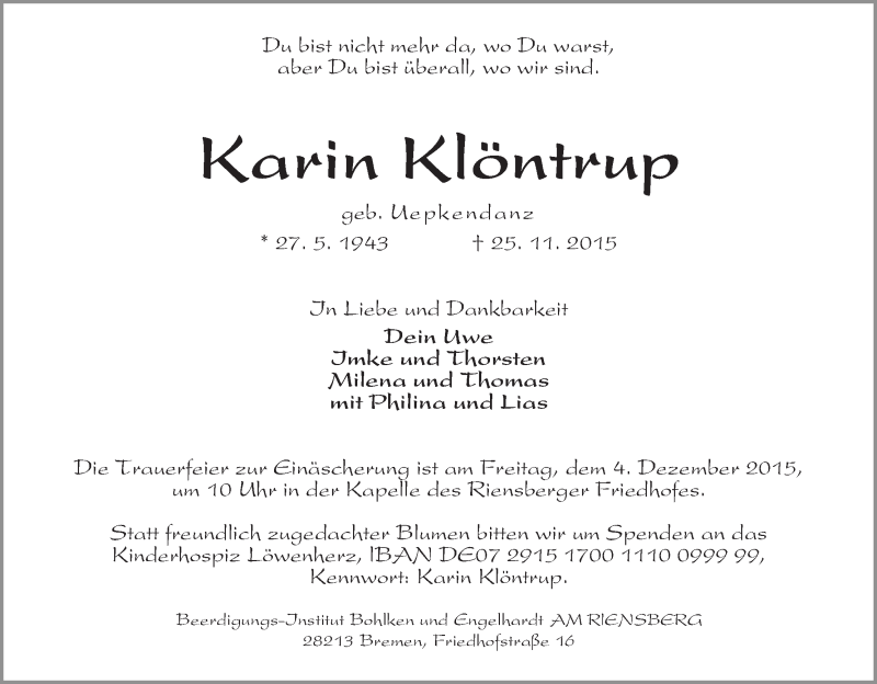  Traueranzeige für Karin Klöntrup vom 28.11.2015 aus WESER-KURIER