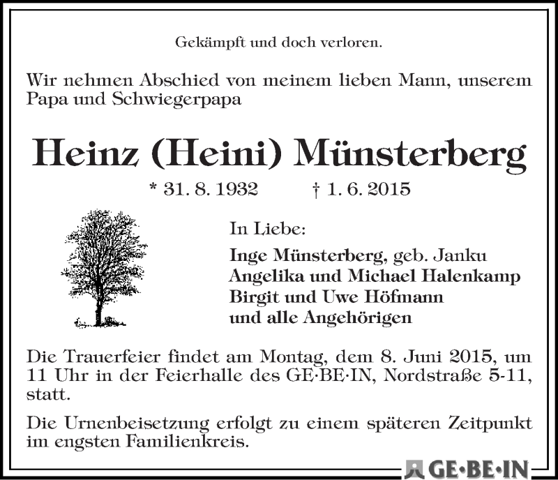 Traueranzeige von Heinz (Heini) Münsterberg von WESER-KURIER