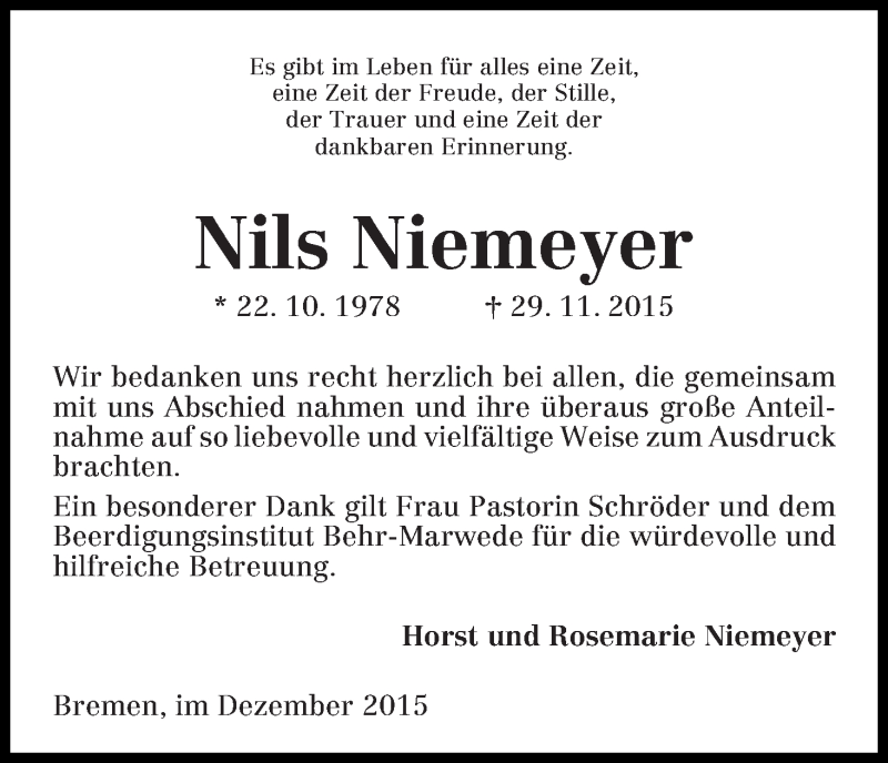  Traueranzeige für Nils Niemeyer vom 19.12.2015 aus WESER-KURIER