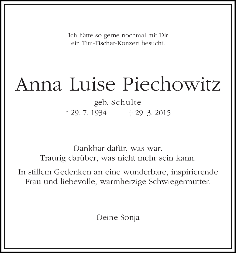 Traueranzeige von Anna Luise Piechowitz von WESER-KURIER