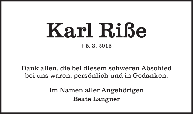 Traueranzeige von Karl Riße von WESER-KURIER