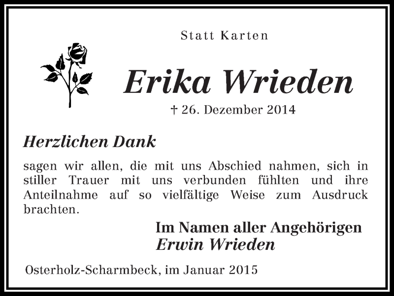Traueranzeige von Erika Wrieden von Osterholzer Kreisblatt