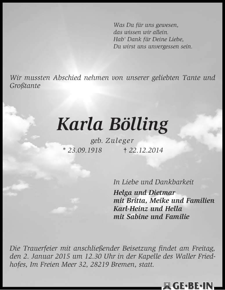 Traueranzeige von Karla Bölling von WESER-KURIER