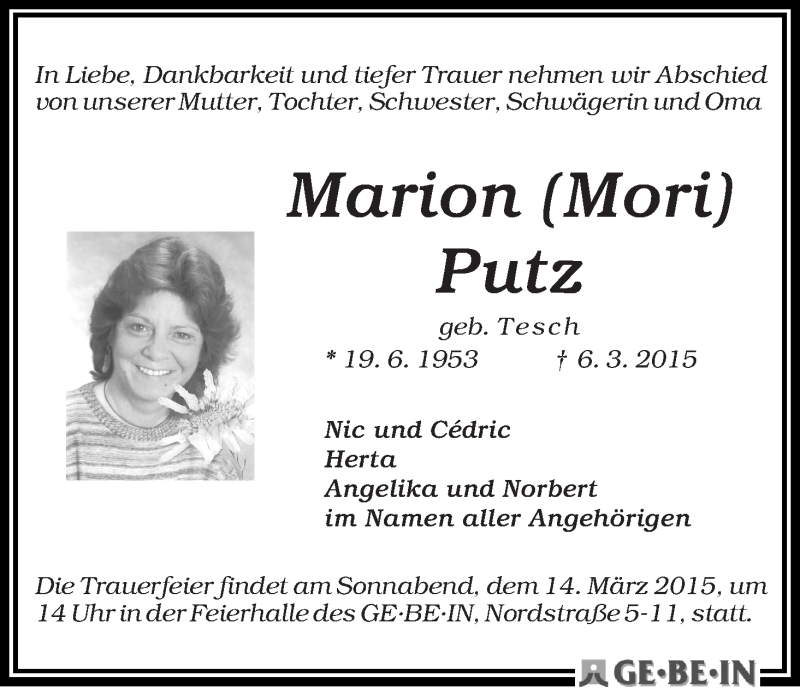 Traueranzeigen Von Marion Putz Trauer Gedenken