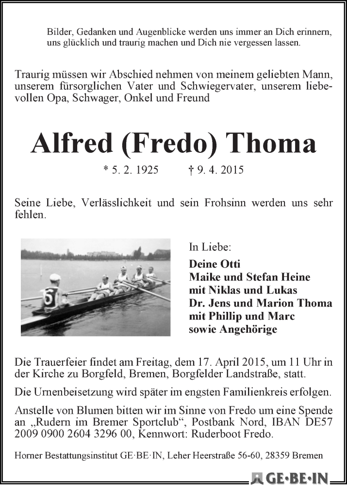 Traueranzeige von Alfred (Fredo) Thoma von WESER-KURIER