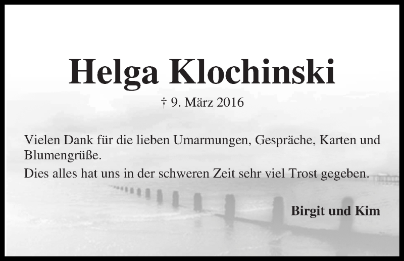 Traueranzeige von Helga Klochinski von Die Norddeutsche