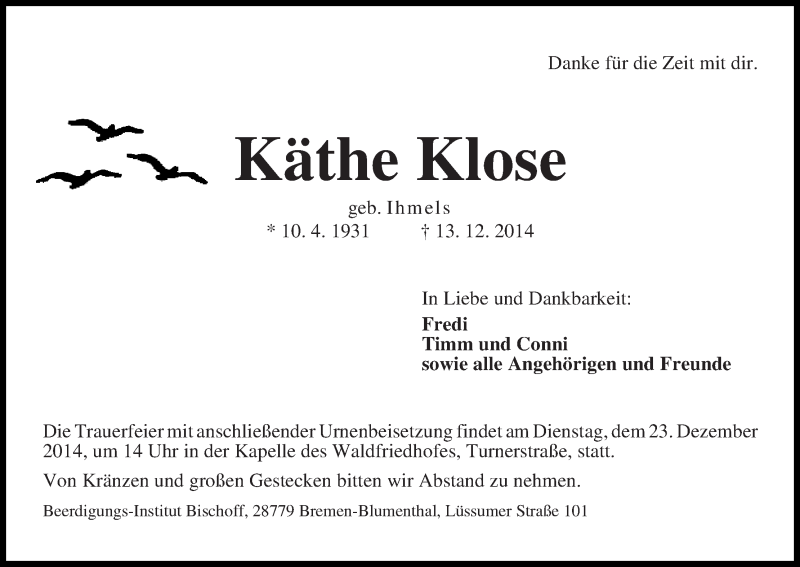 Traueranzeige von Käthe Klose von Die Norddeutsche