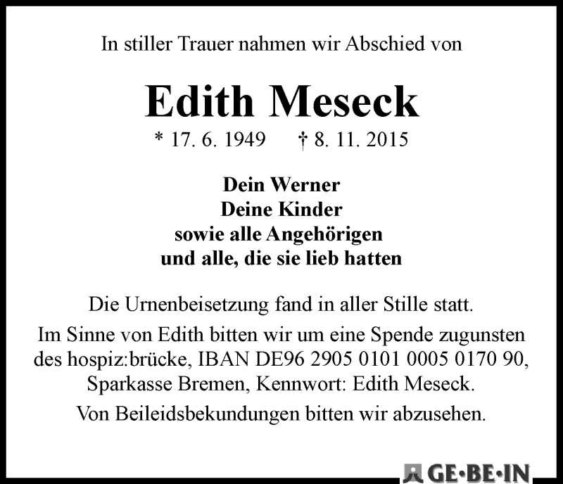 Traueranzeige von Edith Meseck von WESER-KURIER