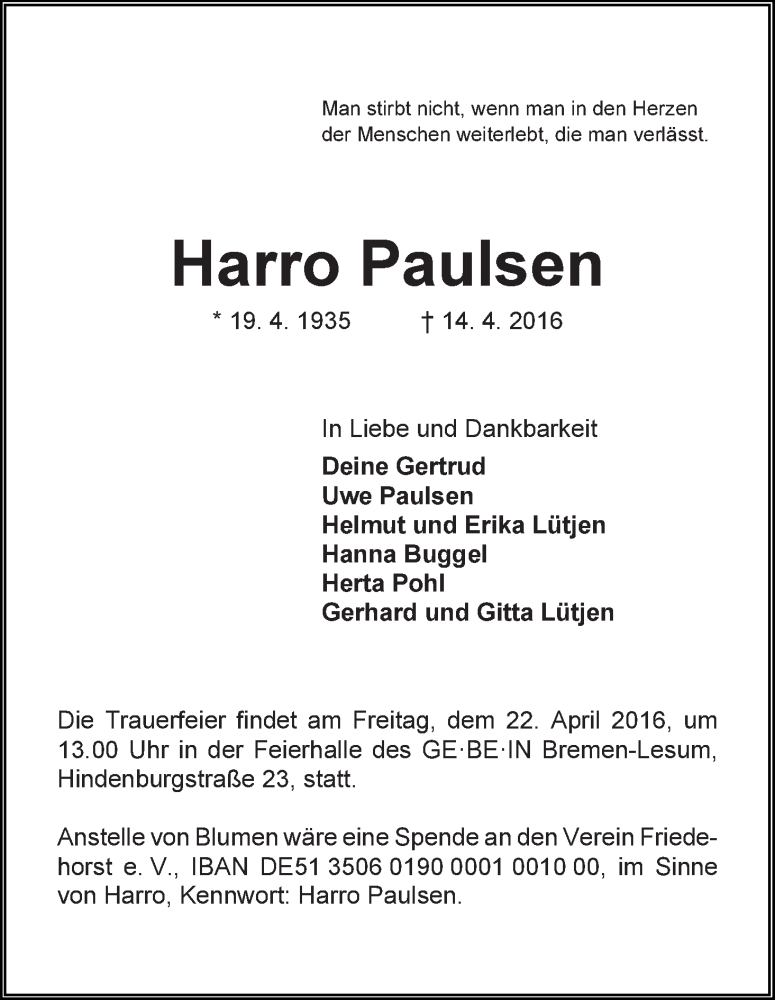 Traueranzeige von Harro Paulsen von Die Norddeutsche