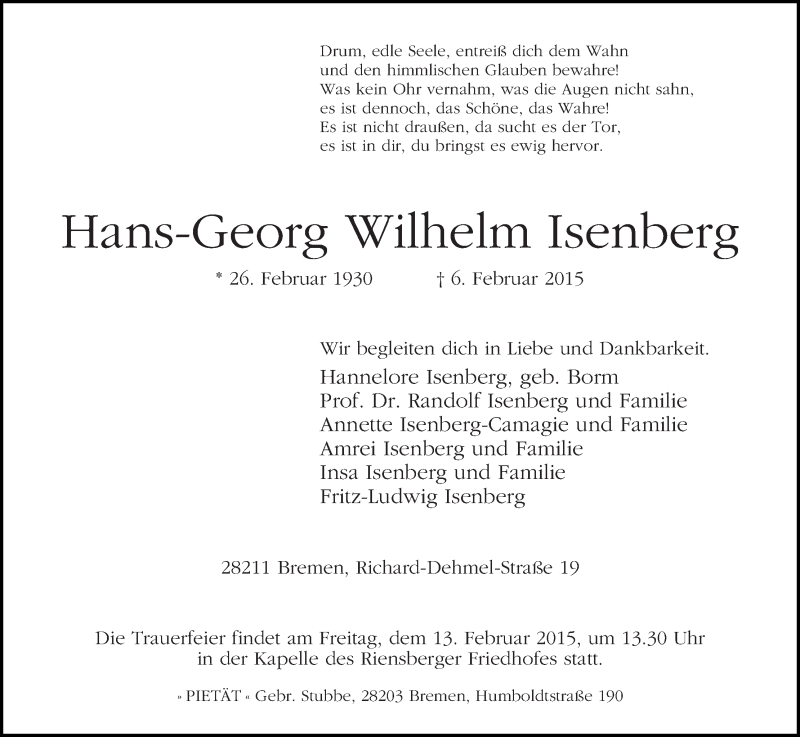 Traueranzeige von Hans-Georg Wilhelm Isenberg von WESER-KURIER