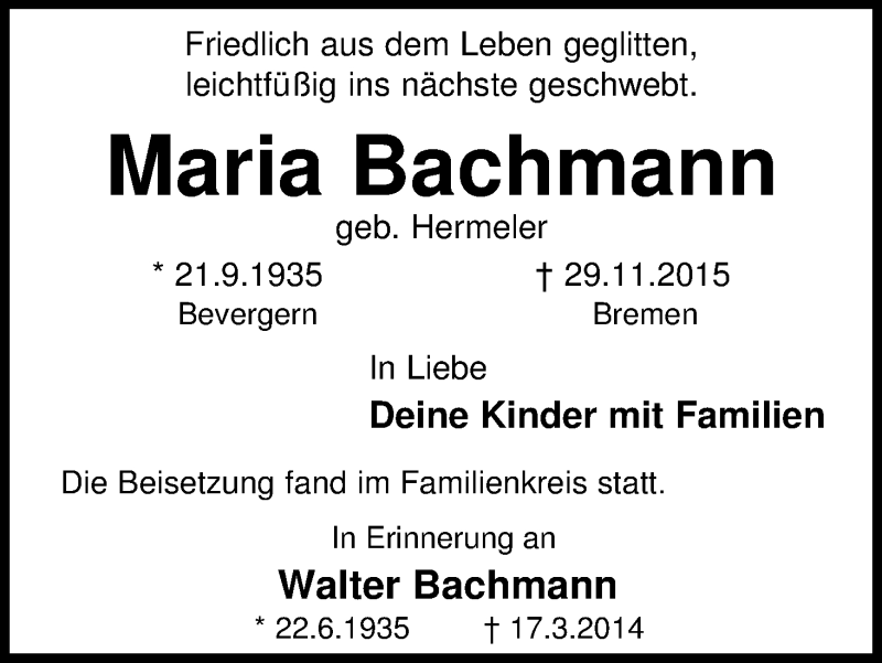 Traueranzeige von Maria Bachmann von WESER-KURIER
