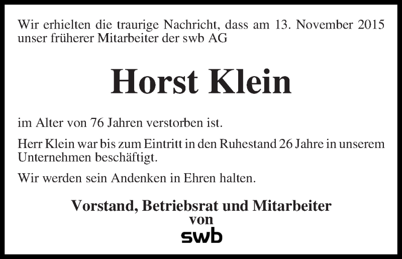 Traueranzeige von Horst Klein von WESER-KURIER