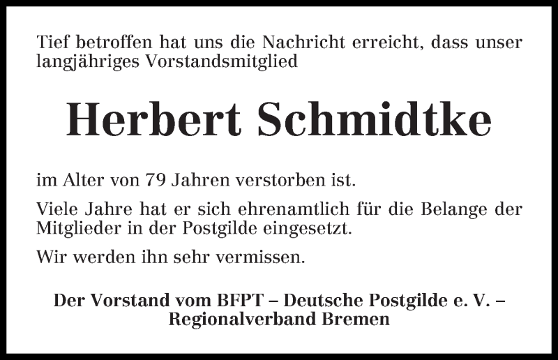 Traueranzeige von Herbert Schmidtke von WESER-KURIER