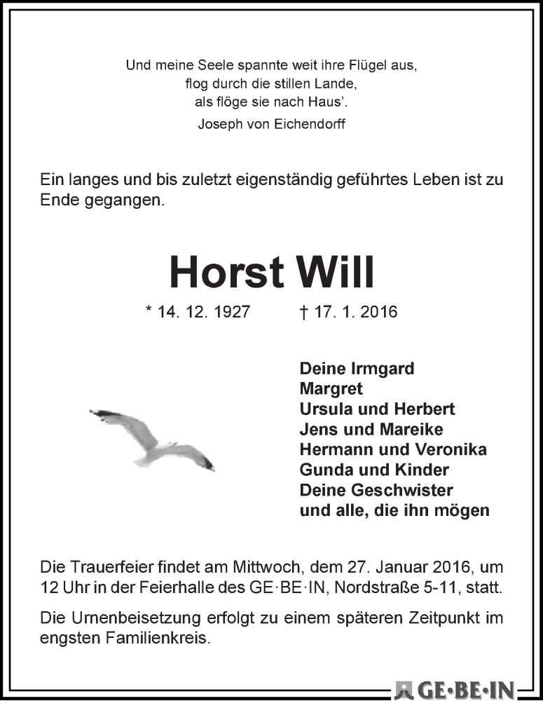 Traueranzeige von Horst Will von WESER-KURIER