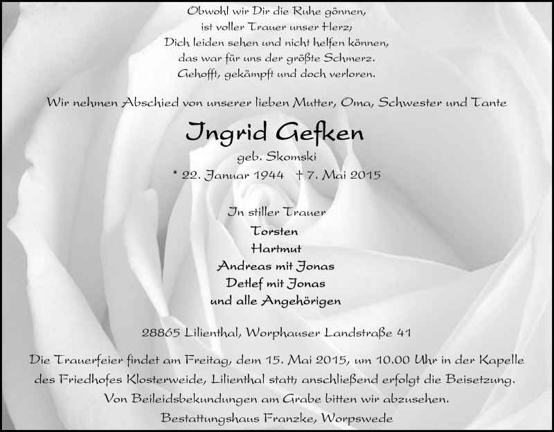Traueranzeige von Ingrid Gefken von Wuemme Zeitung