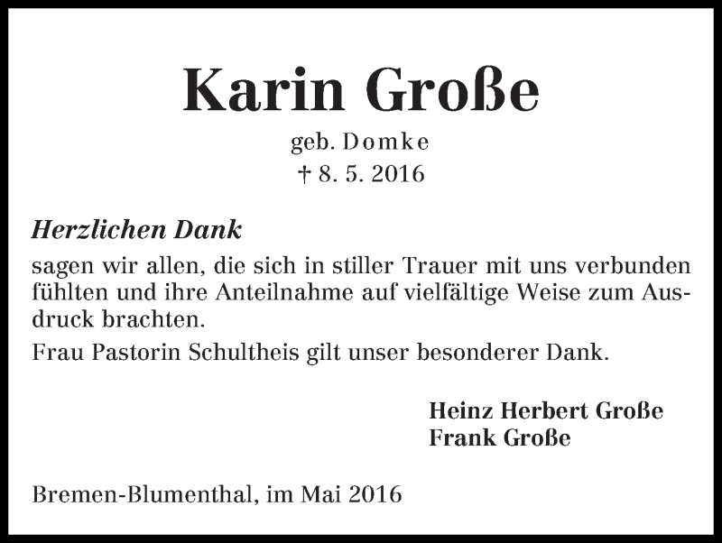 Traueranzeige von Karin Große von Die Norddeutsche