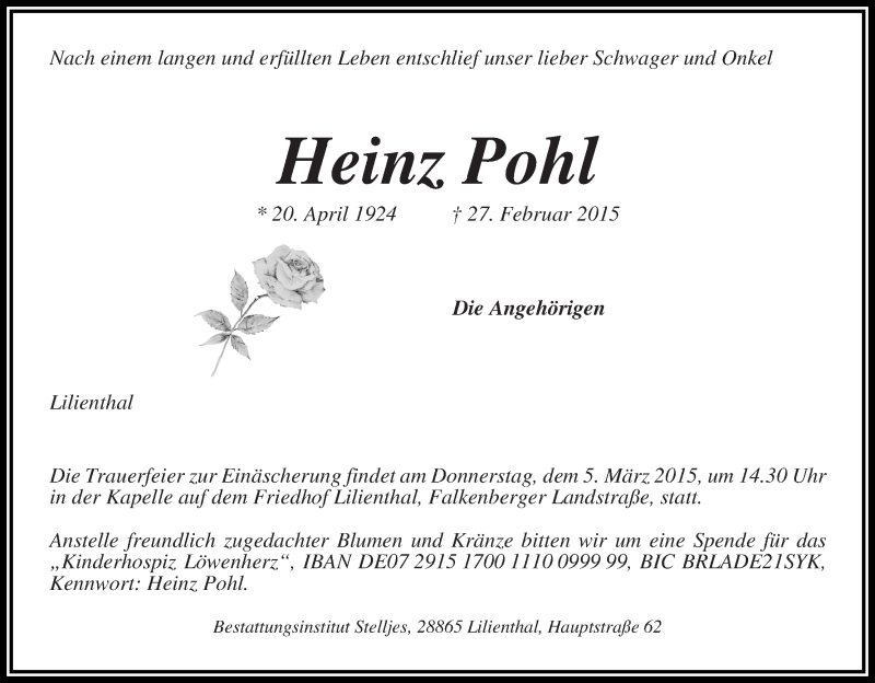 Traueranzeige von Heinz Pohl von Wuemme Zeitung