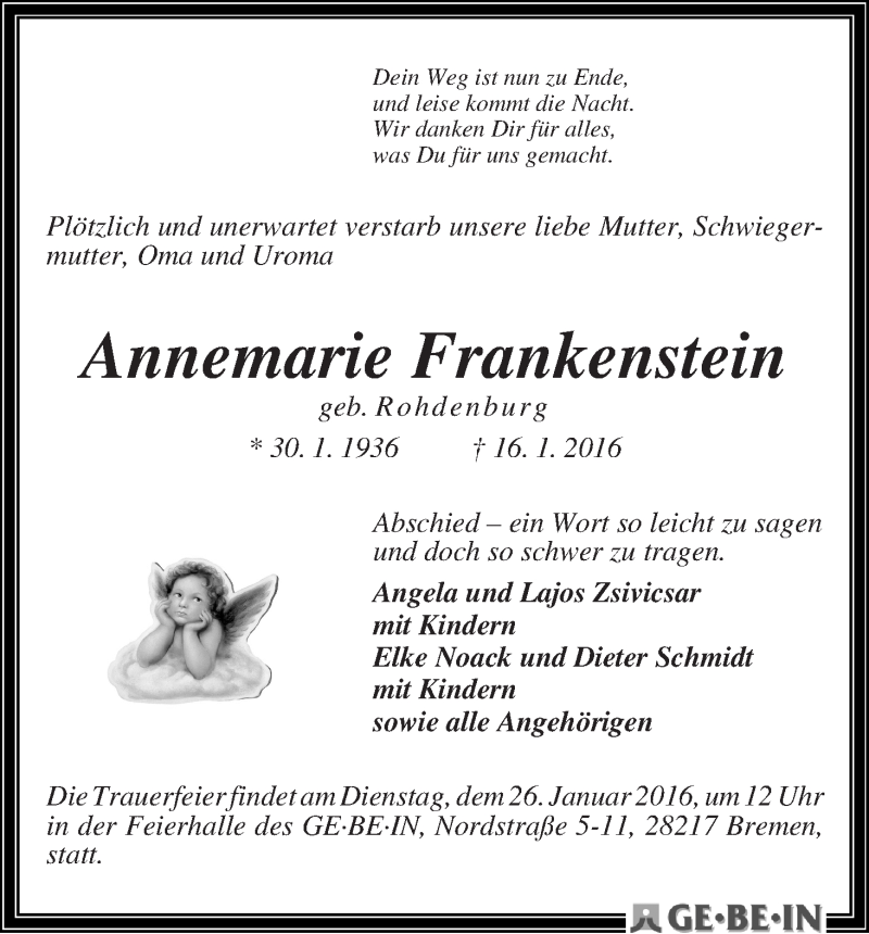 Traueranzeige von Annemarie Frankenstein von WESER-KURIER