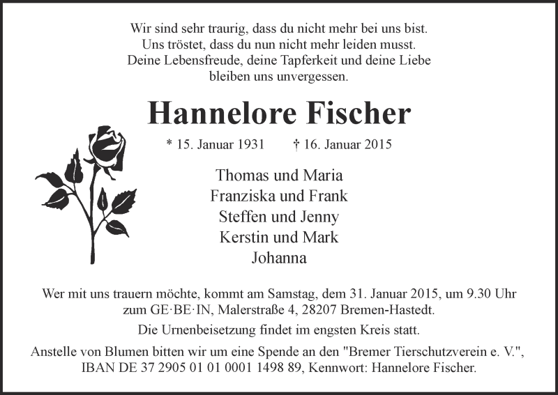 Traueranzeige von Hannelore Fischer von WESER-KURIER