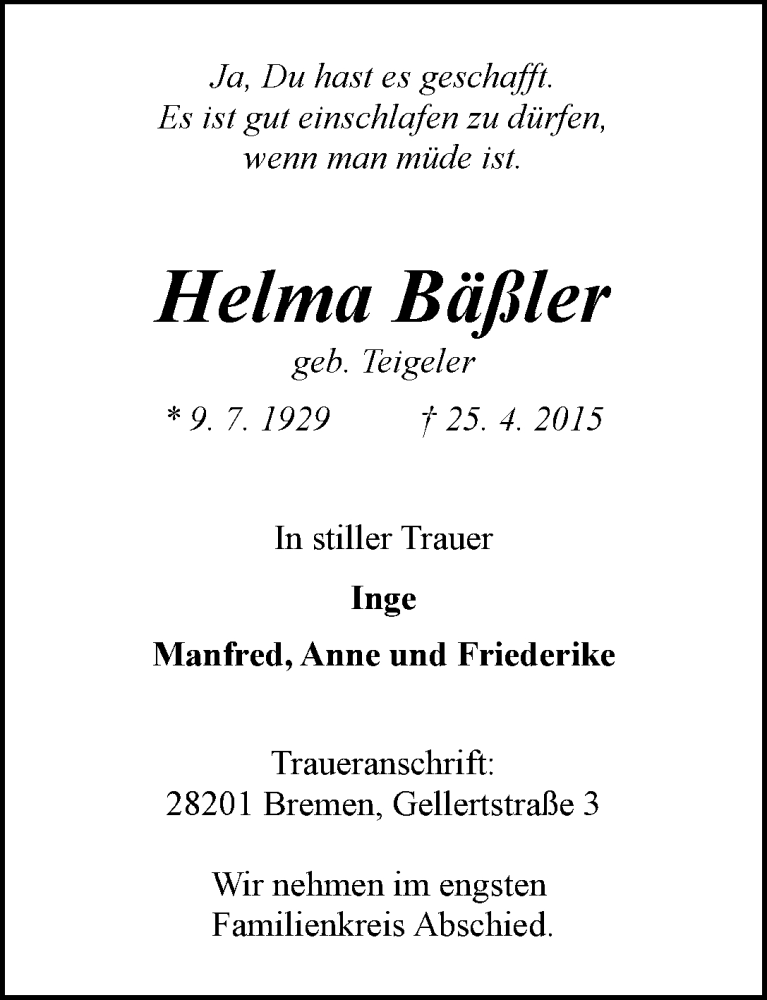 Traueranzeige von Helma Bäßler von WESER-KURIER