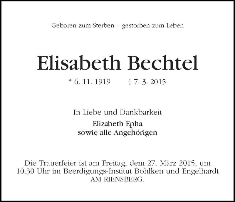 Traueranzeige von Elisabeth Bechtel von WESER-KURIER