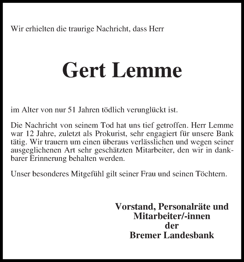  Traueranzeige für Gert Lemme vom 20.06.2015 aus WESER-KURIER