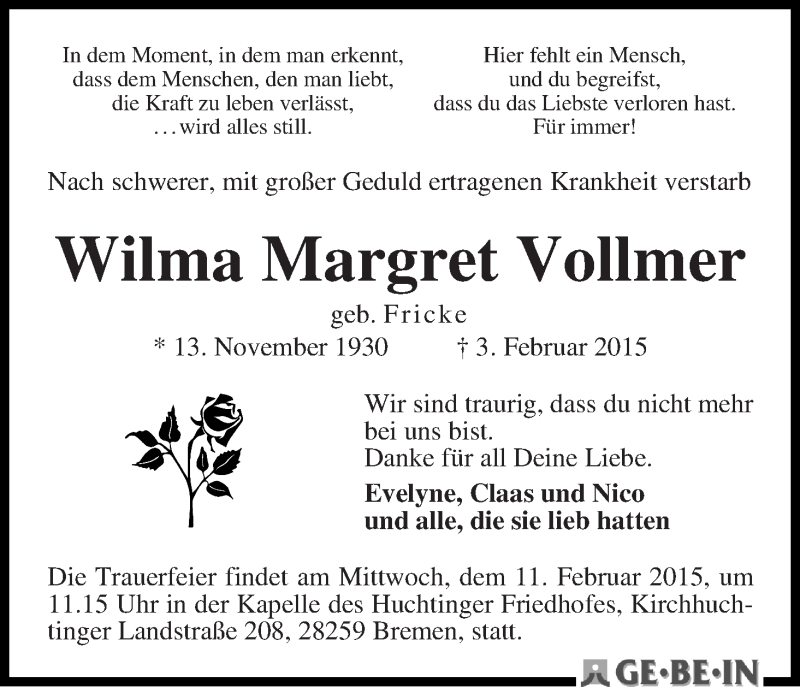 Traueranzeige von Wilma Margret Vollmer von WESER-KURIER