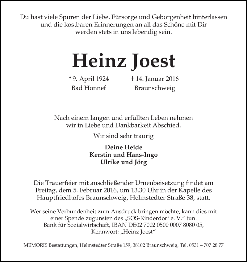  Traueranzeige für Heinz Joest vom 29.01.2016 aus WESER-KURIER