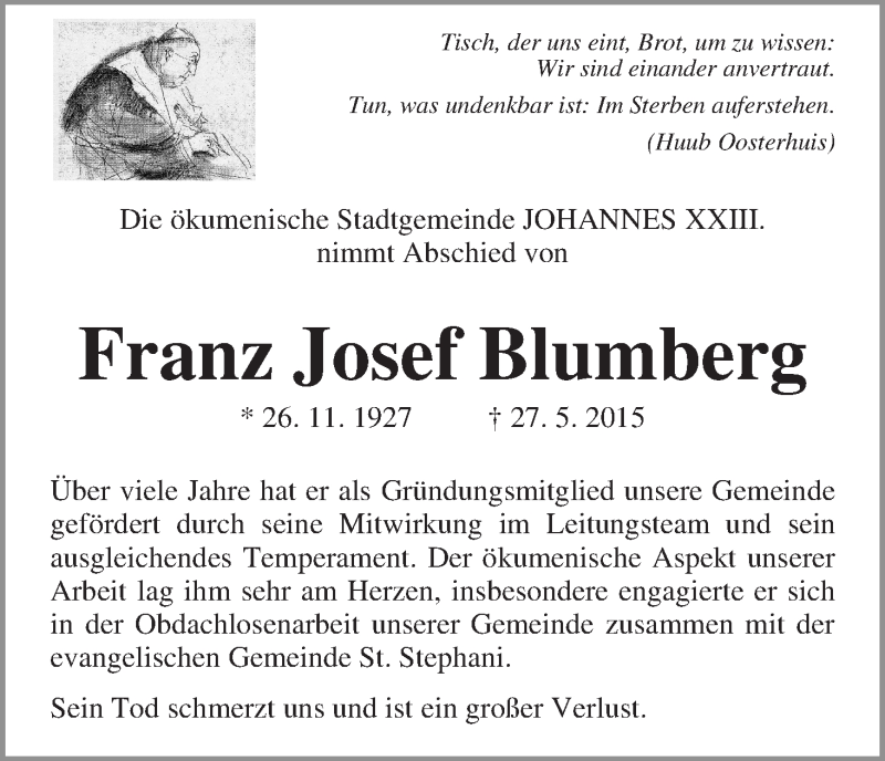 Traueranzeige von Franz Josef Blumberg von WESER-KURIER
