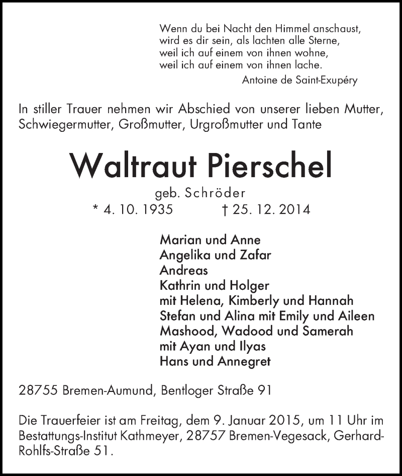 Traueranzeige von Waltraut Pierschel von Die Norddeutsche