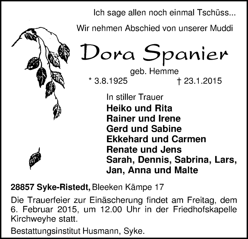 Traueranzeige von Dora Spanier von WESER-KURIER