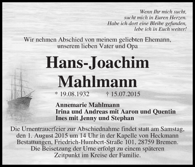 Traueranzeige von Hans-Joachim Mahlmann von Die Norddeutsche