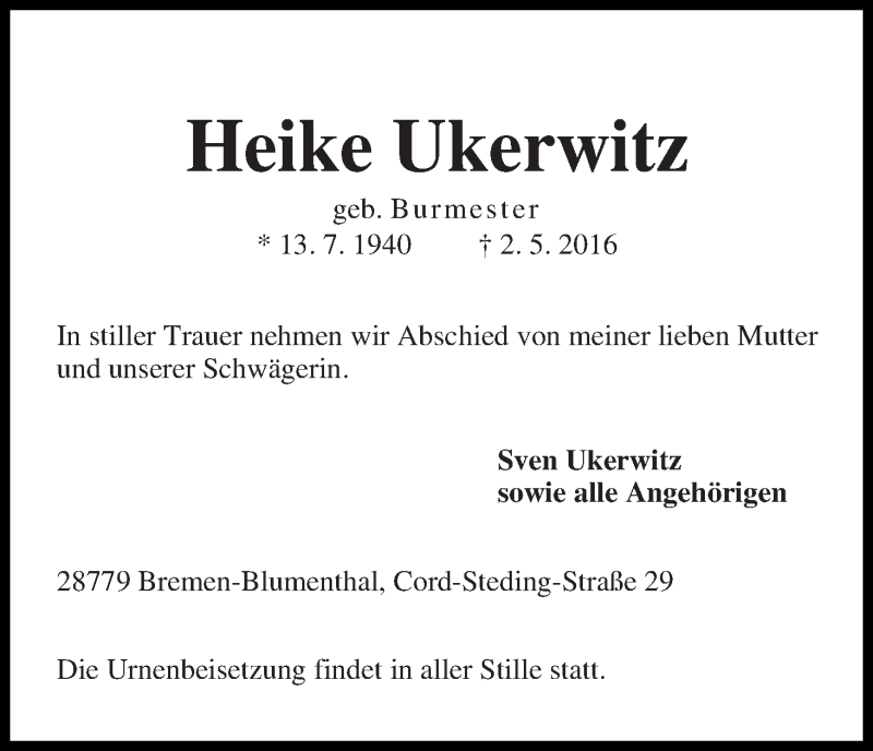 Traueranzeige von Heike Ukerwitz von Die Norddeutsche