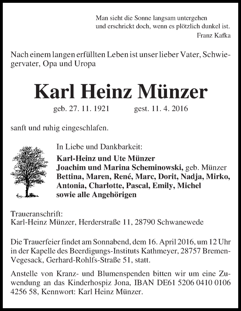 Traueranzeige von Karl Heinz Münzer von Die Norddeutsche