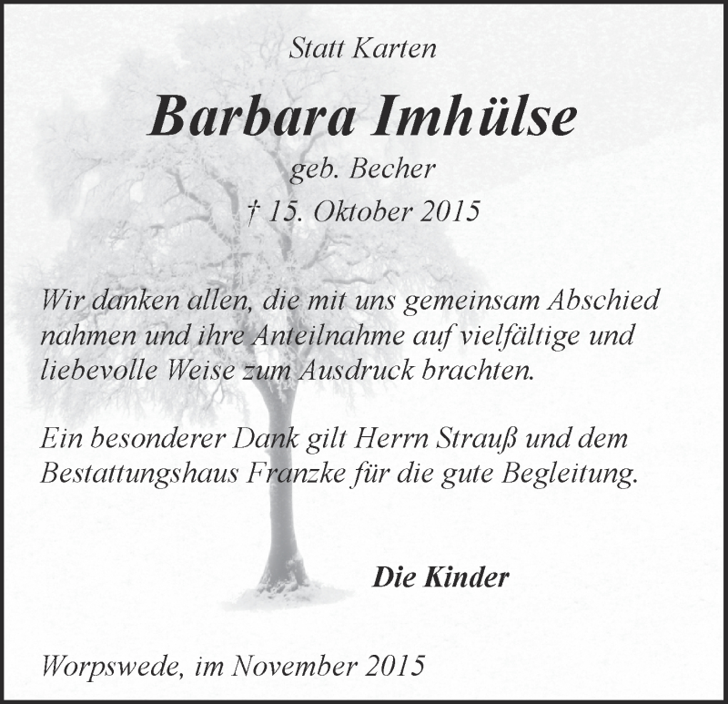 Traueranzeige von Barbara Imhülse von Wuemme Zeitung