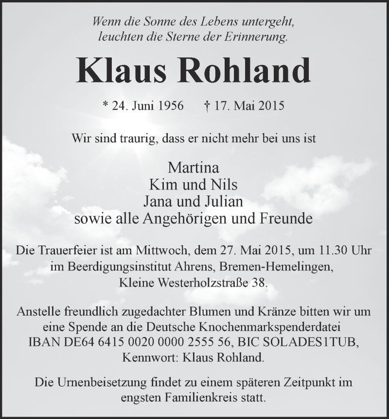  Traueranzeige für Klaus Rohland vom 23.05.2015 aus WESER-KURIER