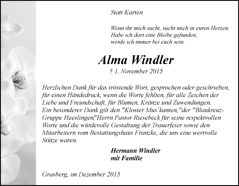 Traueranzeige von Alma Windler von Wuemme Zeitung
