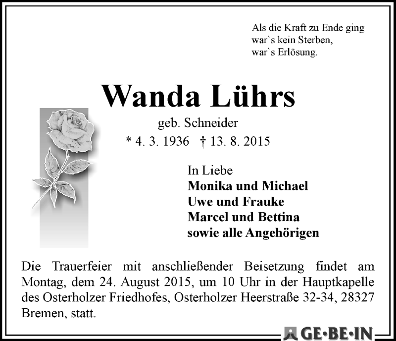 Traueranzeige von Wanda Lührs von WESER-KURIER
