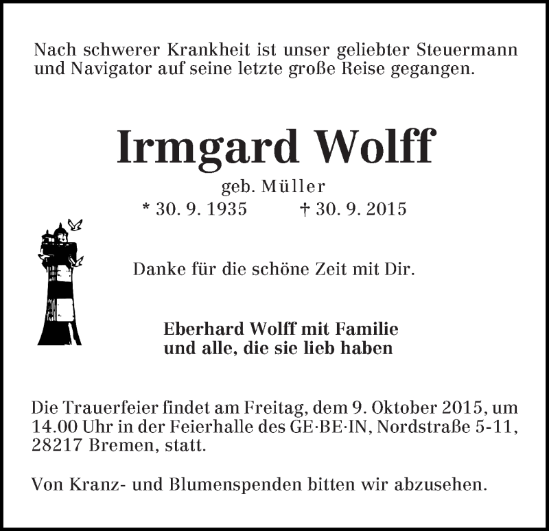 Traueranzeige von Irmgard Wolff von WESER-KURIER