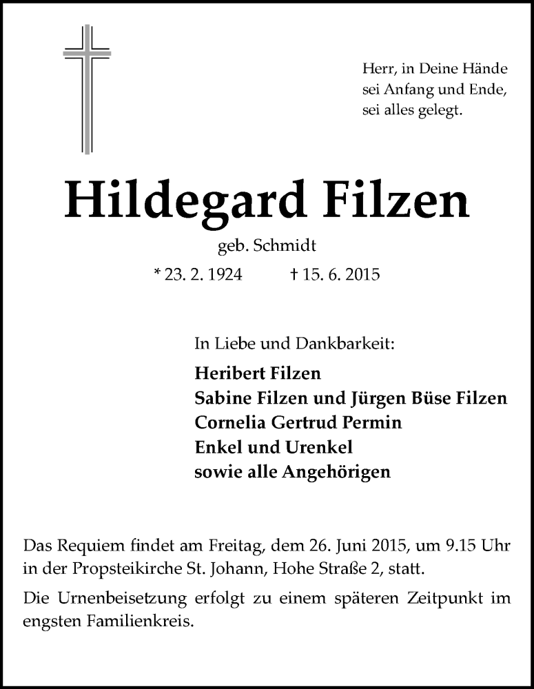 Traueranzeige von Hildegard Filzen von WESER-KURIER