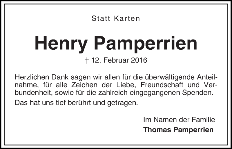  Traueranzeige für Henry Pamperrien vom 16.03.2016 aus WESER-KURIER