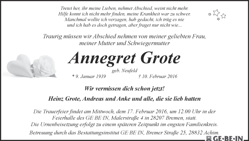 Traueranzeige von Annegret Grote von WESER-KURIER
