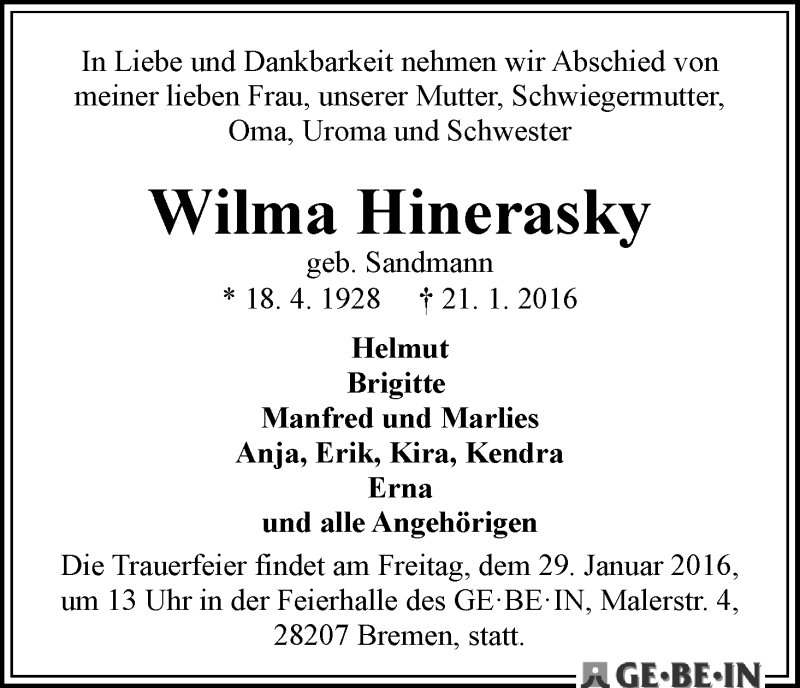 Traueranzeige von Wilma Hinerasky von WESER-KURIER