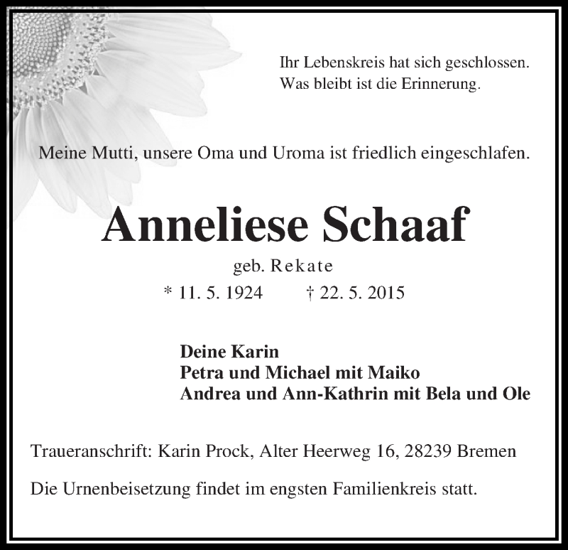 Traueranzeige von Anneliese Schaaf von WESER-KURIER
