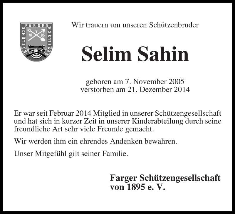  Traueranzeige für Selim Sahin vom 30.12.2014 aus Die Norddeutsche