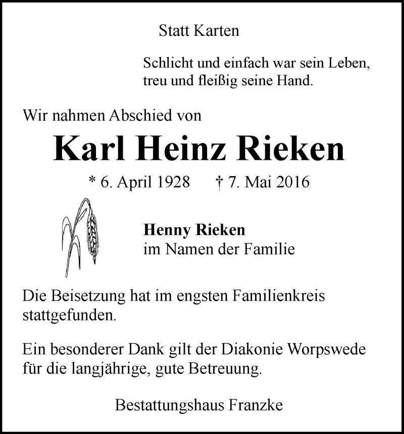 Traueranzeige von Karl Heinz Rieken von Wuemme Zeitung