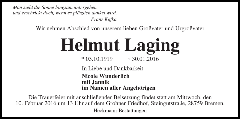 Traueranzeige von Helmut Laging von Die Norddeutsche