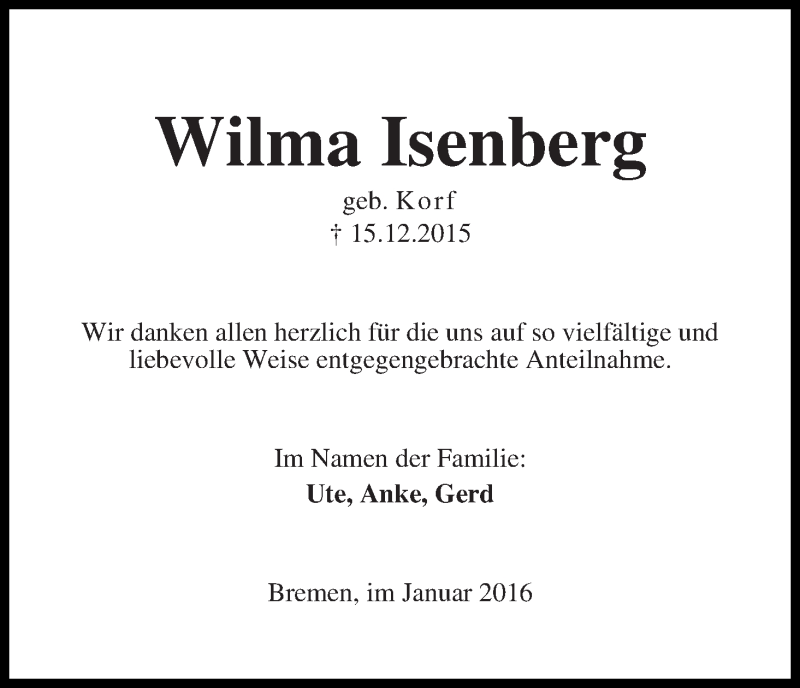 Traueranzeige von Wilma Isenberg von Die Norddeutsche